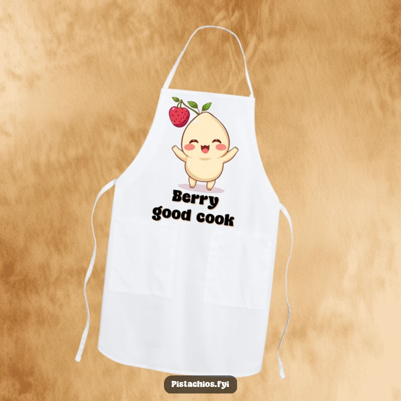 Funny apron showcasing a delighted cashew character balancing a berry on its head, adding whimsical humor to cooking.