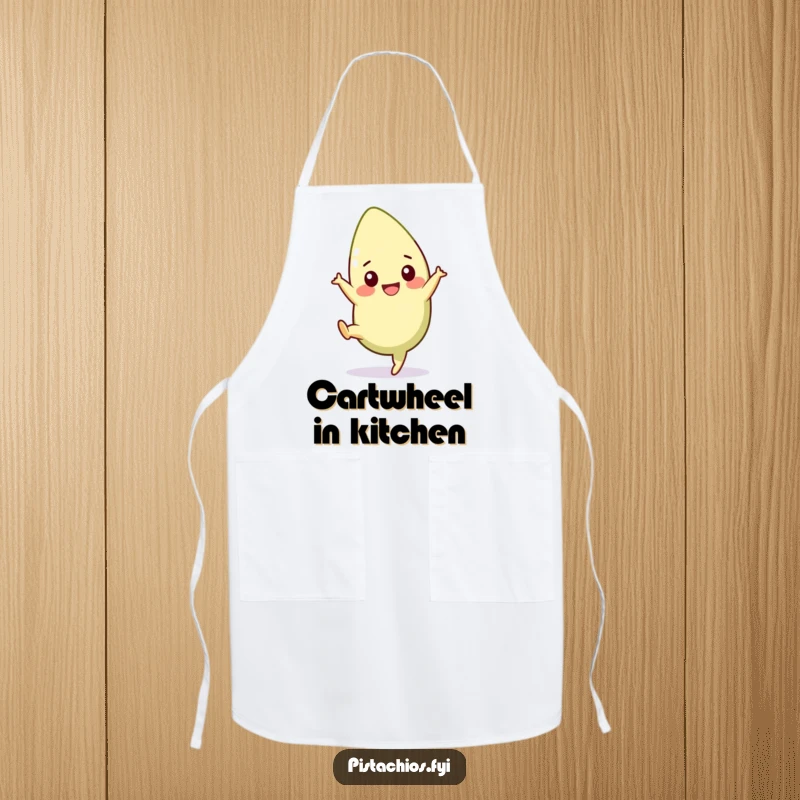 Funny pistachio apron featuring a cheerful character mid-cartwheel, ideal for cooking and adding an energetic touch. A wonderful funny gift.