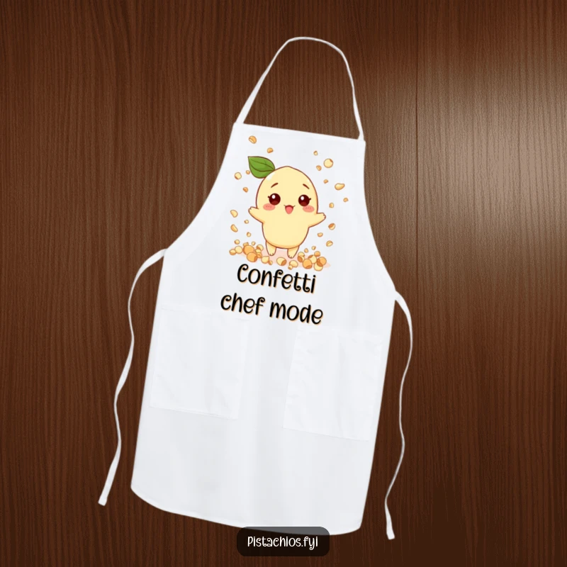 Funny apron design of a pistachio character throwing confetti shaped like nuts, adding a festive kitchen vibe.