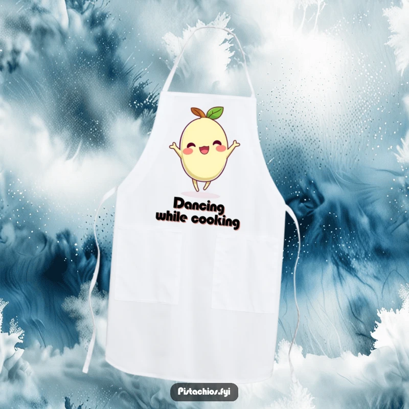 Funny apron showcasing a pistachio dancing with joy, perfect for kitchen activities with a lively, humorous theme.