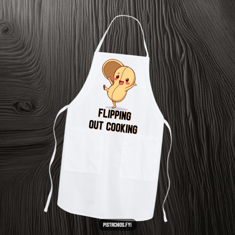 Funny Apron featuring a playful peanut character doing a cartwheel with its shell open, adding a dynamic and fun spirit to cooking.