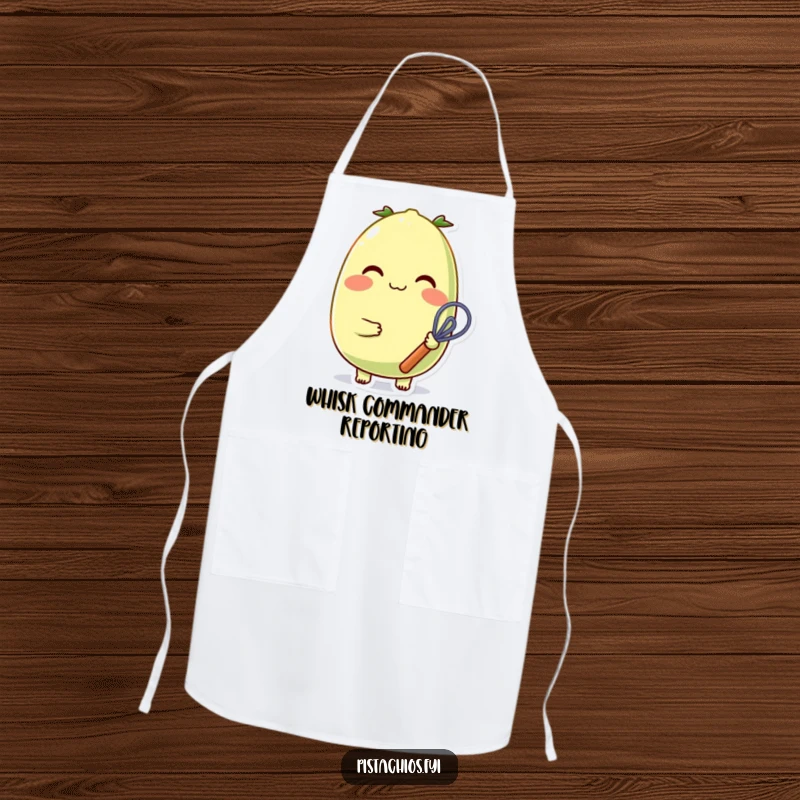 Funny, cheerful pistachio character with rosy cheeks and a small whisk on a functional chef apron, perfect for baking.