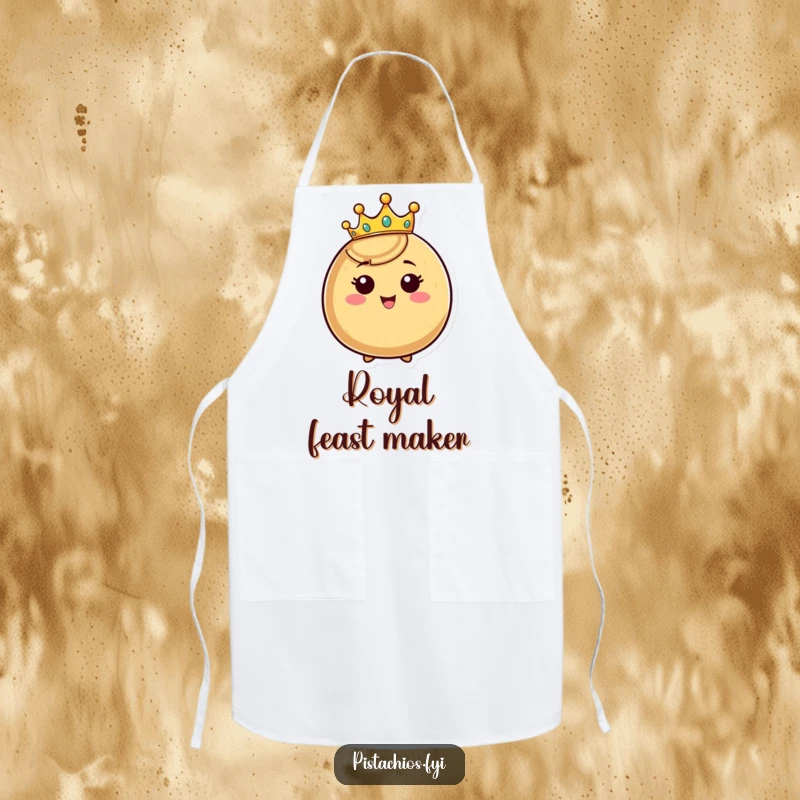 Funny crowned nut apron, a happy nut character wearing a tiny crown and beaming, humorous and practical kitchen wear.