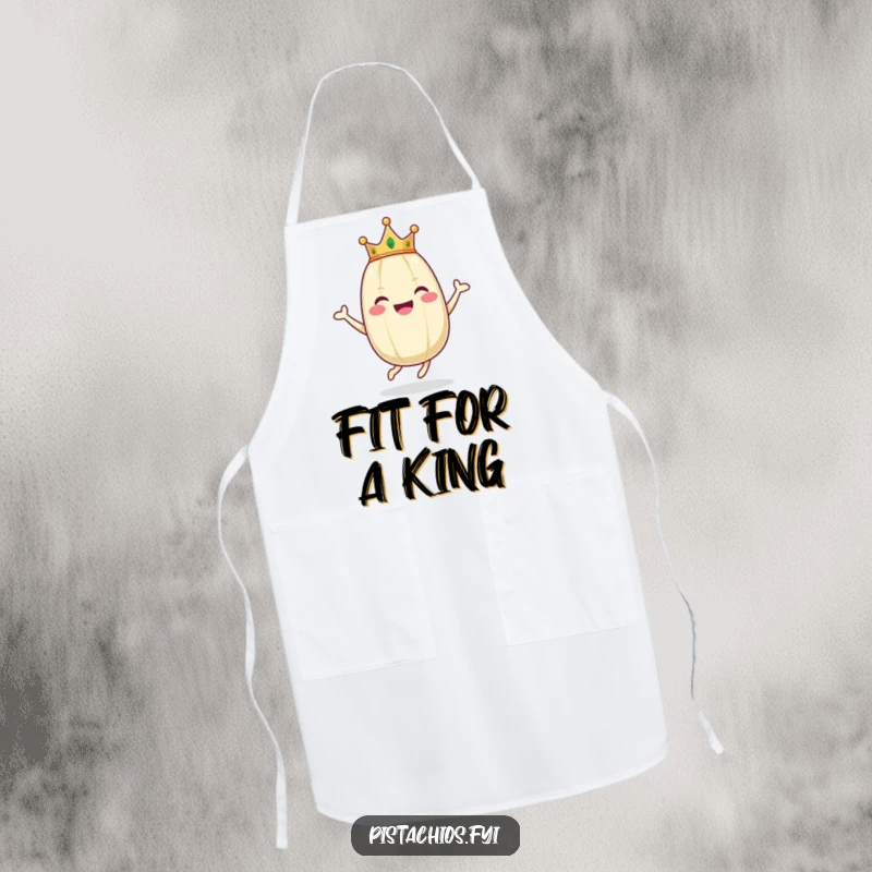 Funny apron design of a happy pistachio wearing a crown, joyfully hopping while ready to cook up a storm.