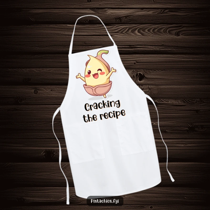 Funny jubilant pistachio nut character bursting from its shell on an apron, bringing nutty humor to cooking.