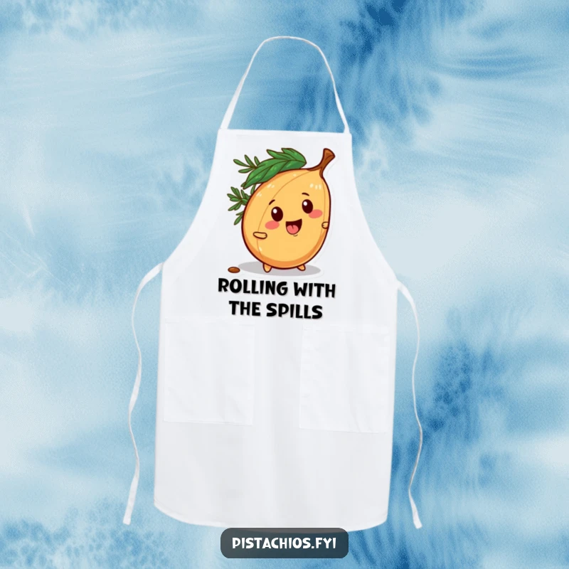 Funny apron showcasing a mischievous pine nut character playfully rolling away, ideal for adding fun to the kitchen.