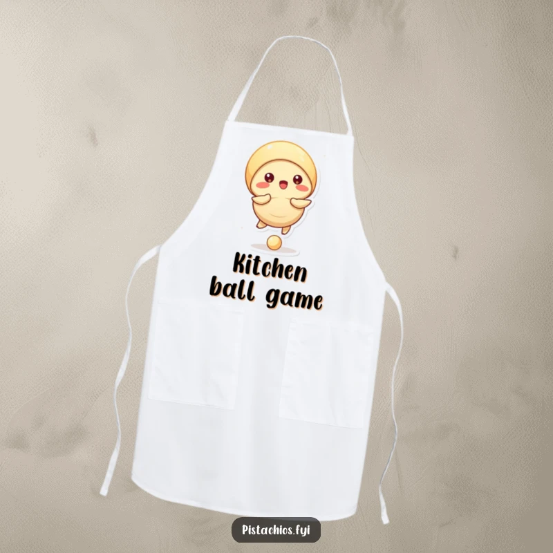 Funny apron design of a pistachio character bouncing a ball with its shell, adding a playful kitchen vibe.