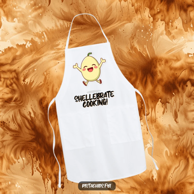Funny apron featuring a happy pistachio character leaping mid-air, perfect for kitchen use and snack enthusiasts.