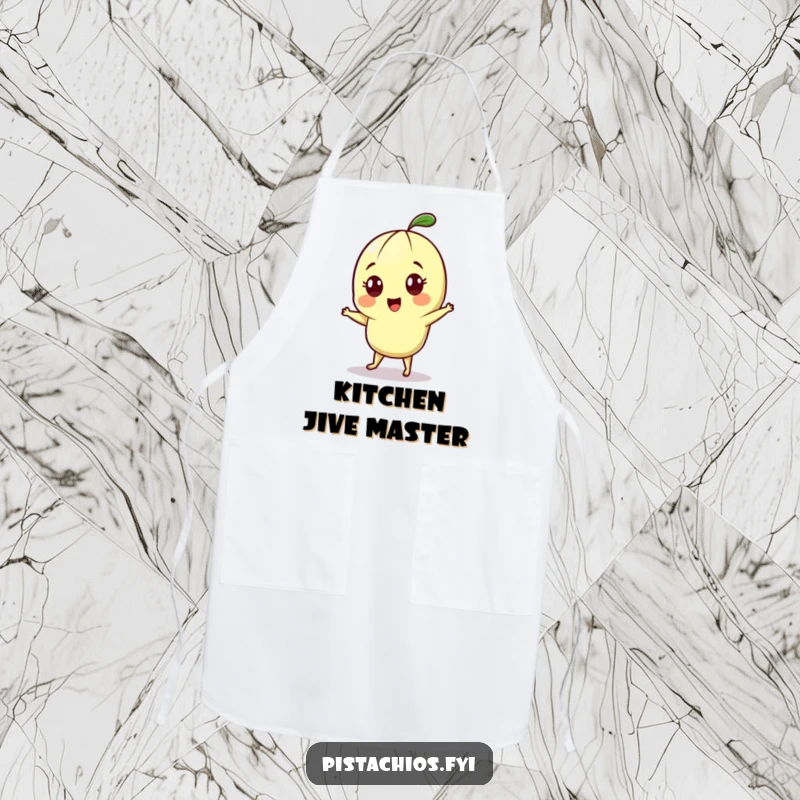 Funny apron design of a cheerful pistachio character with wide eyes, doing a happy little dance while ready to cook.