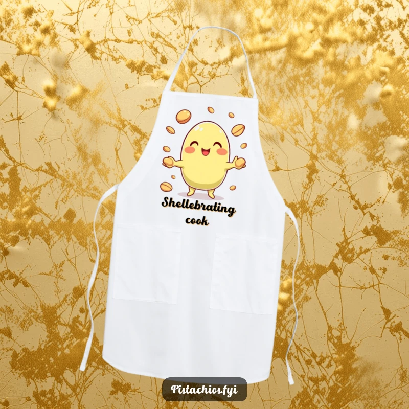 Funny Pistachio Apron showing a happy character juggling nut shells, perfect for a humorous cooking experience.
