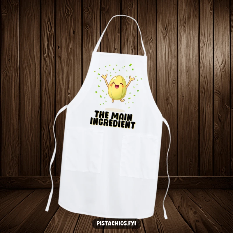 Funny apron depicting a cheerful pistachio nut leaping with joy surrounded by green confetti, adding humorous charm to your kitchen.