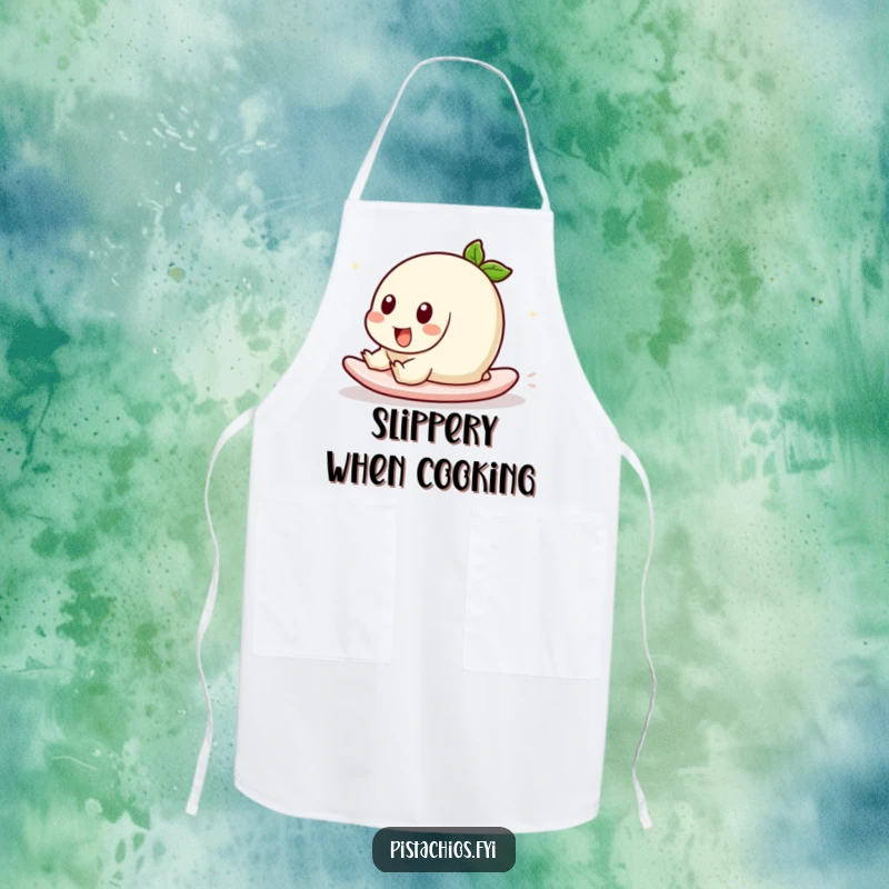 Funny apron showcasing a pistachio character playfully sliding. This humorous kitchen wear provides protection with a stylish, fun touch.
