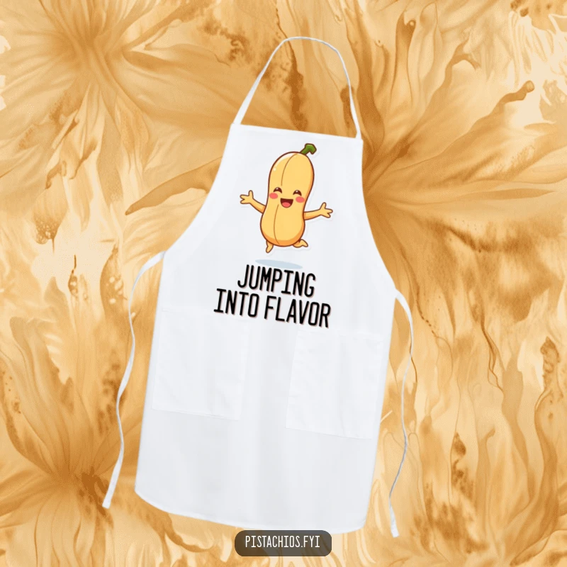 Funny smiling peanut character doing a joyful jump on an apron, bringing energetic humor to cooking.