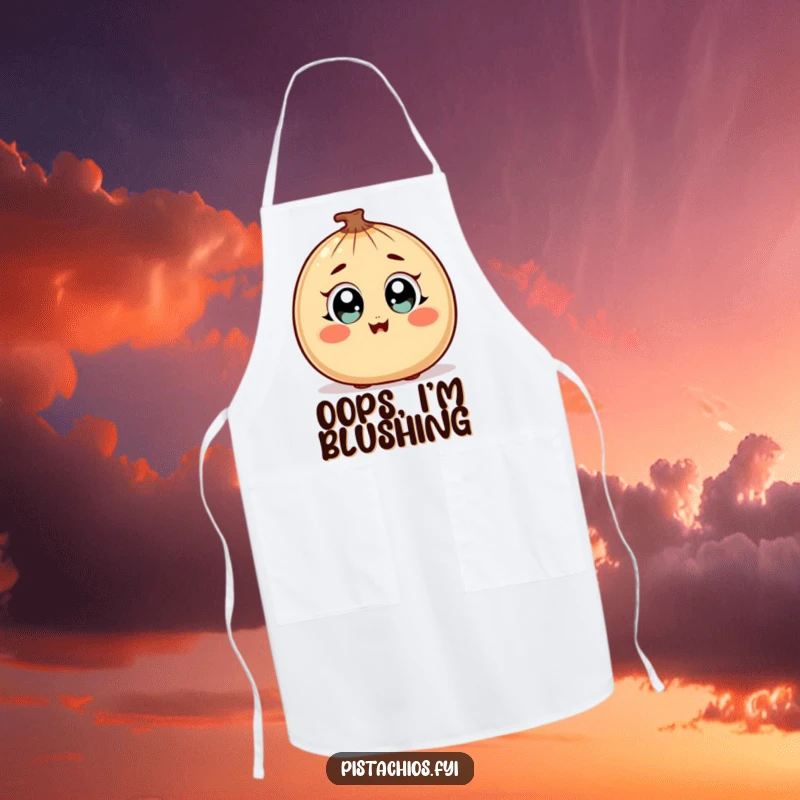 Funny Apron showcasing a surprised nut character with wide, happy eyes and a blush, perfect for joyful cooking.