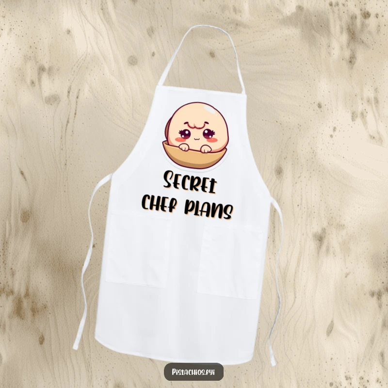 Funny Pistachio Shell Apron showing a winking character peeking out, perfect for a humorous cooking experience.