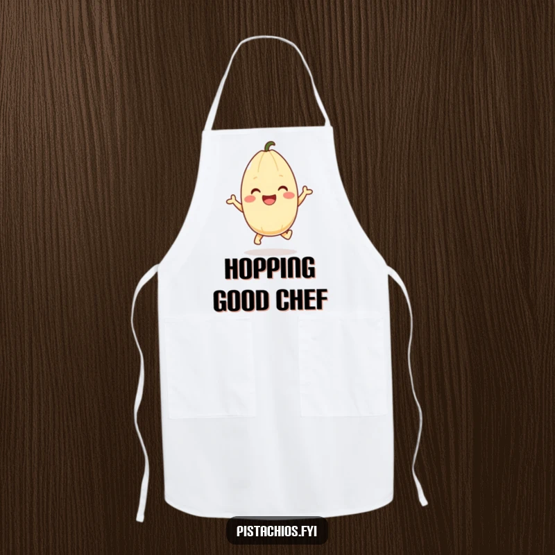 Funny pistachio apron featuring a happy character mid-hop, ideal for cooking and adding a cheerful touch. A wonderful funny gift.