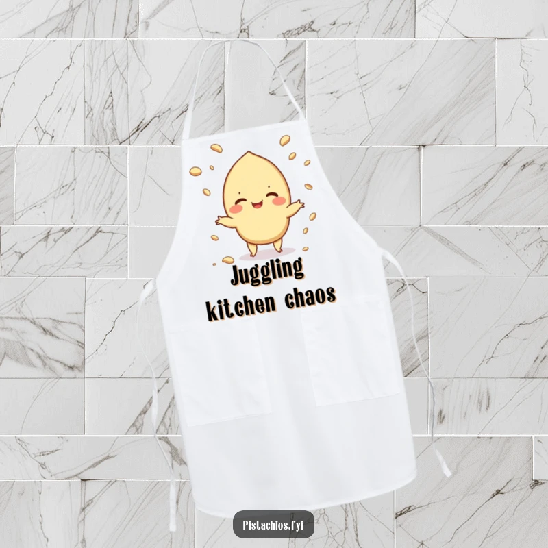 Funny apron showcasing a pistachio juggling crumbs, perfect for kitchen use with a humorous, messy theme.