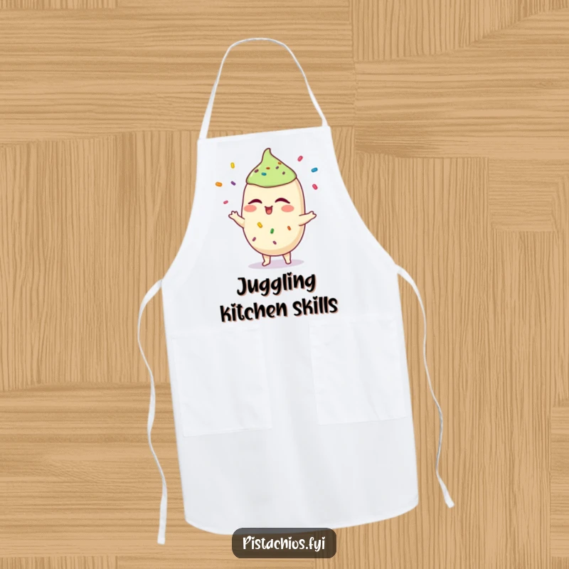 Funny pistachio apron featuring a winking character juggling sprinkles, ideal for cooking and adding a playful touch. A wonderful funny gift.