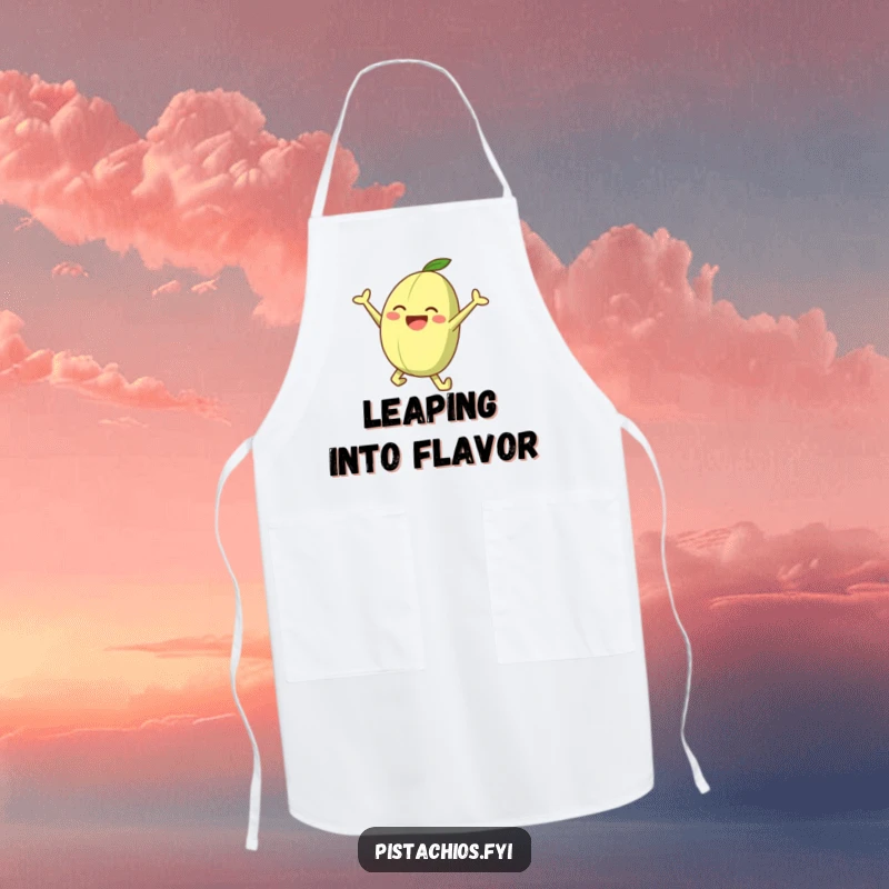 Funny apron featuring a pistachio character joyfully leaping, ideal for chefs who appreciate nutty humor in the kitchen.
