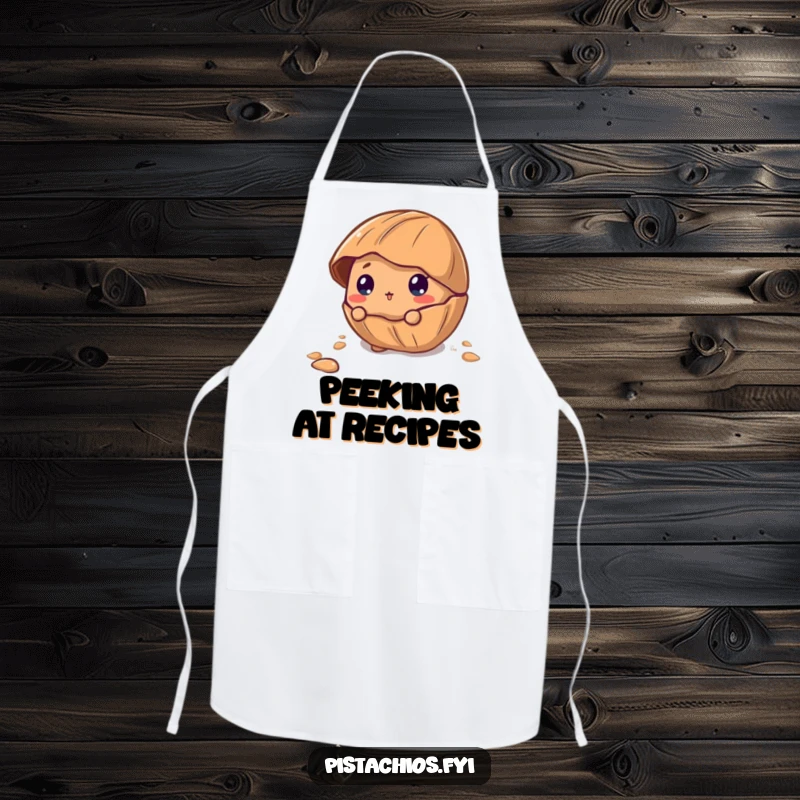 Funny Apron featuring a curious pecan character peeking out from its cracked shell, adding a touch of whimsical charm to cooking.