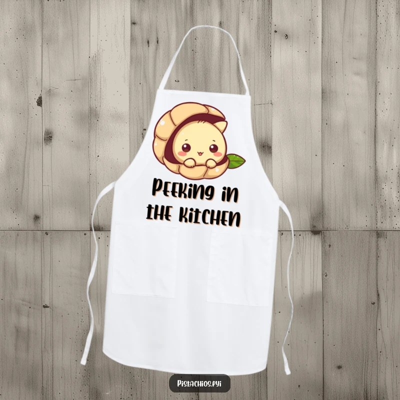 Funny apron featuring a pistachio character curiously peeking from its shell, adding nutty charm to kitchen tasks.