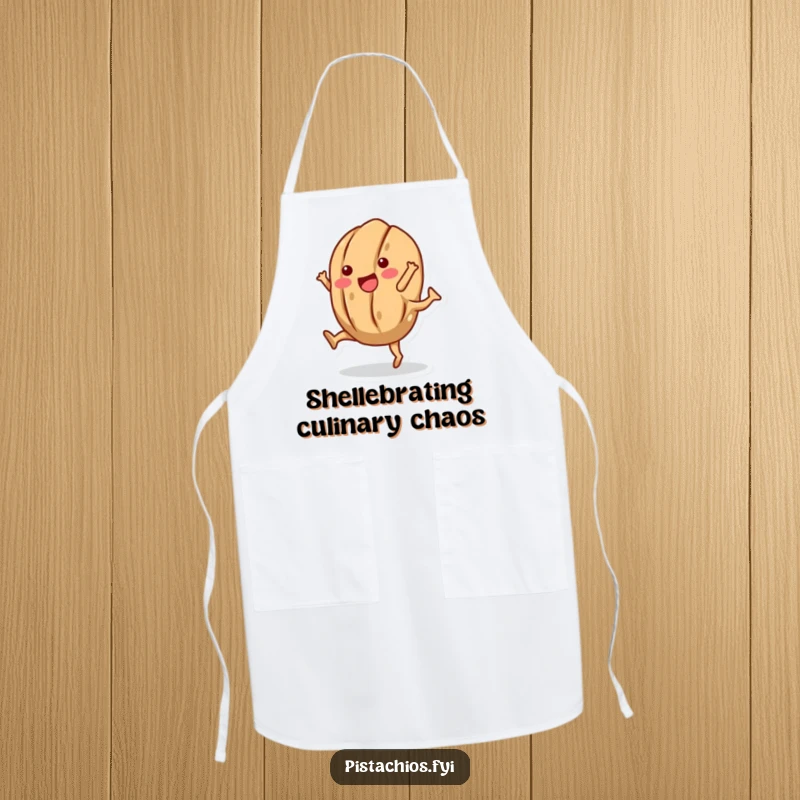 Funny apron depicting a lively walnut character mid-cartwheel, shell intact, ideal for kitchen use and adding humor.