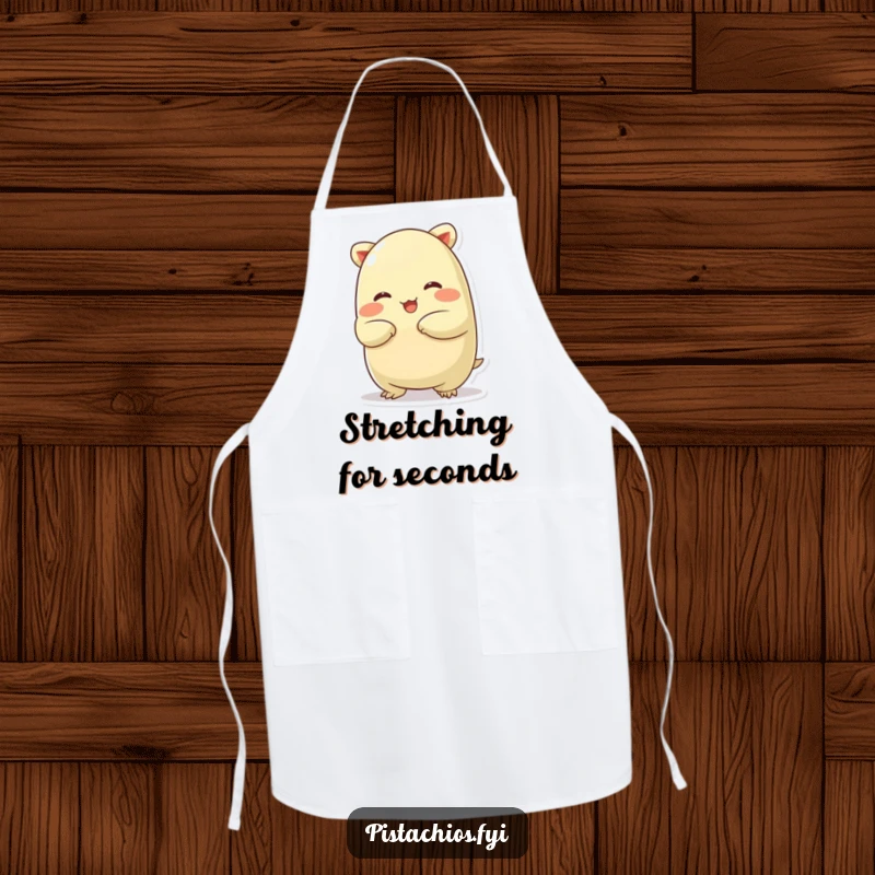 Funny apron displaying a chubby pistachio character in a silly stretch, perfect for adding humor to kitchen activities.