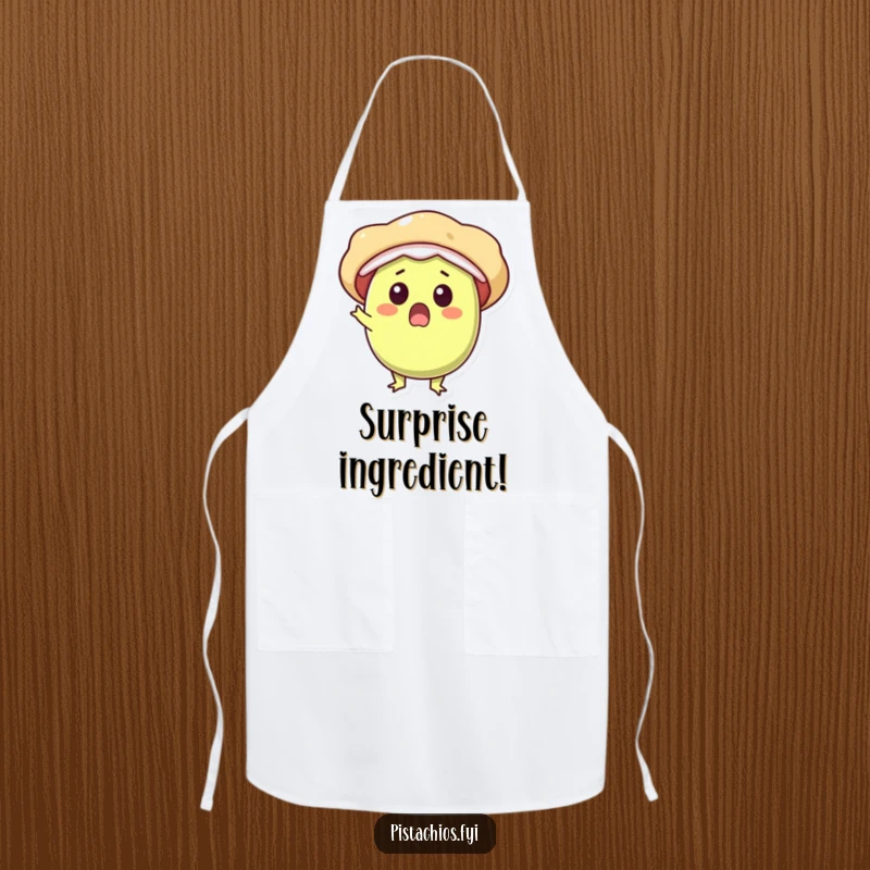 Funny apron design of a surprised pistachio character bursting open with pure delight while ready to cook.