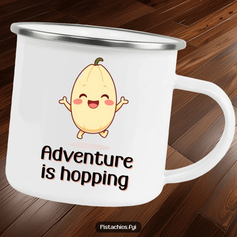 Funny pistachio camping mug featuring a happy character mid-hop, perfect for outdoor use and cheerful humor. A great funny gift.