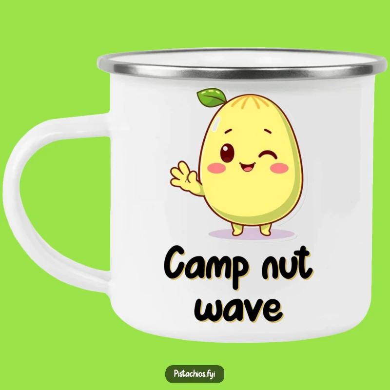 Funny Waving Pistachio Camping Mug: Adventure Greeting, Nutty Character Mug, Perfect Funny Gift