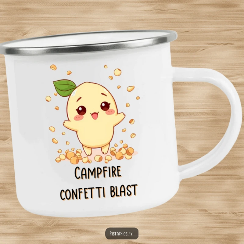 Funny camping mug with a pistachio character throwing confetti shaped like nuts, evoking cheerful outdoor celebrations.