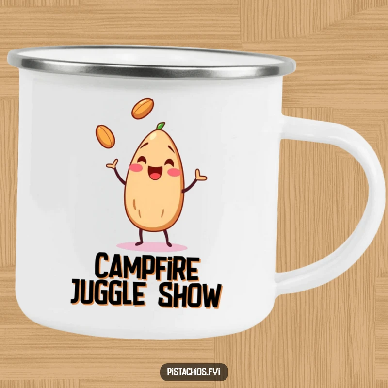 Funny almond character juggling nuts on a durable camping mug, perfect for talented outdoorsy types.