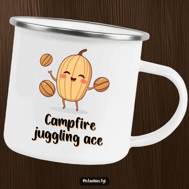 Funny Camping Mug: Winking walnut character juggling nuts, perfect for outdoor drinks with a dose of nutty skill and humorous charm.