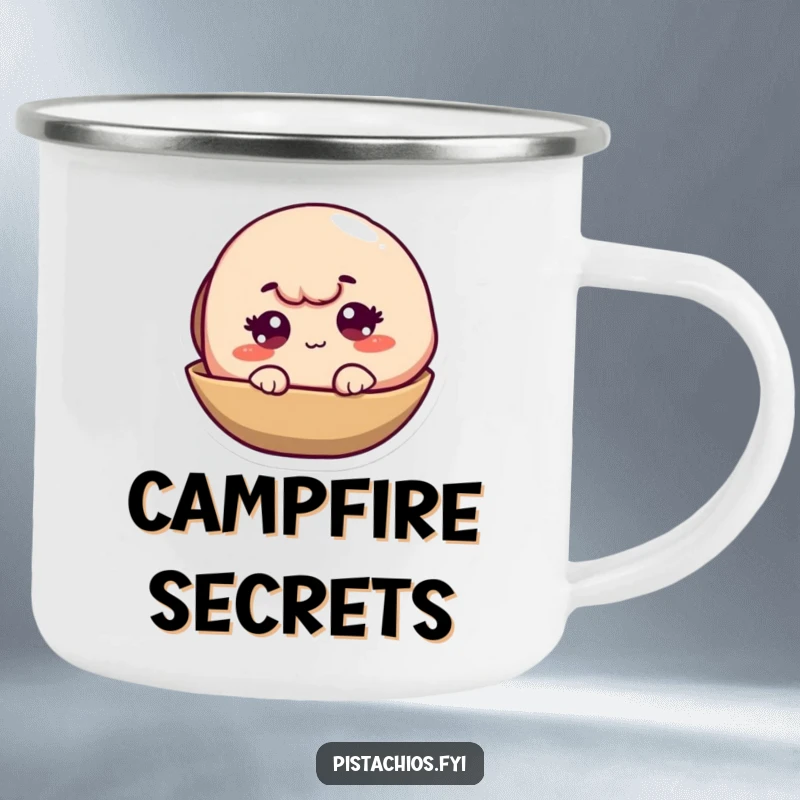 Funny Pistachio Shell Camping Mug showing a winking character, perfect for outdoor humor and hydration.