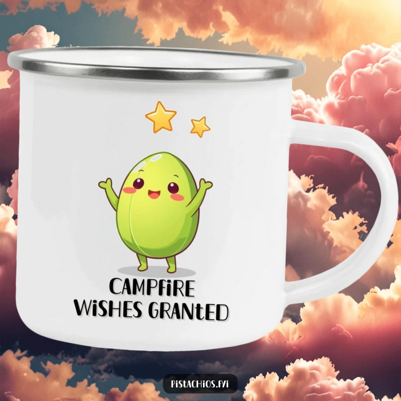 Funny Pistachio Nut Camping Mug: Green pistachio nut with arms reaching for a star, ready for outdoor funny adventures.