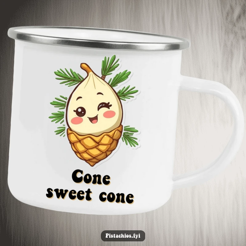 Funny Pine Nut Camping Mug: A happy pine nut character winking from its cone, ideal for cheerful sips during outdoor adventures.