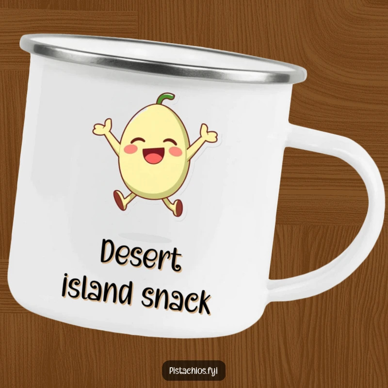 Sturdy funny camping mug featuring a happy pistachio character leaping with excitement, ideal for outdoor adventures.