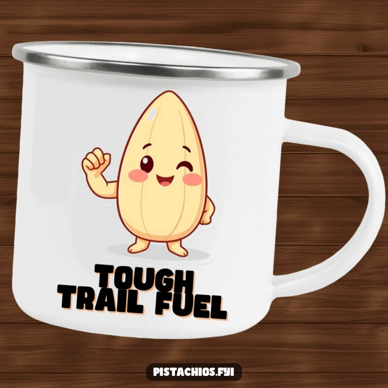 Funny happy almond character flexing a tiny bicep on a camping mug, perfect for outdoor motivation and nutty humor.