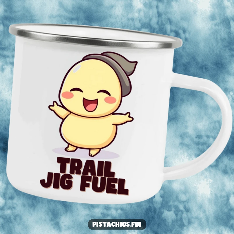 Funny camping mug showcasing a winking cashew character doing a lively jig, perfect for outdoor drinks and adding nutty humor to trips.