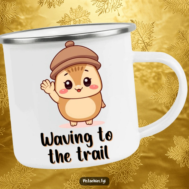 Funny Camping Mug featuring a cheerful hazelnut character wearing a tiny hat and waving, perfect for outdoor fun and happy brews.