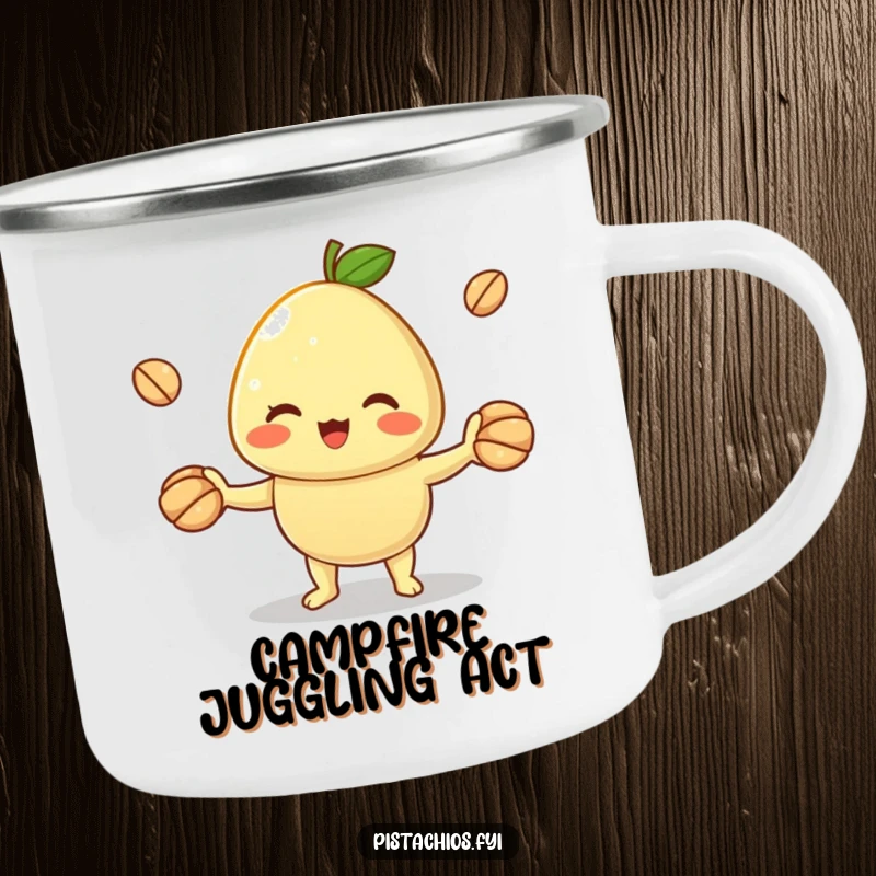 Funny camping mug featuring a cheerful pistachio character juggling shells. This durable and humorous mug is perfect for campsite entertainment.