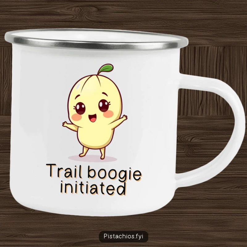 Funny camping mug shows a cheerful pistachio character with wide eyes, doing a fun little dance, perfect for the outdoors.