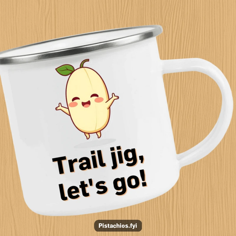 Funny camping mug depicting a delighted pistachio character joyfully dancing, perfect for bringing cheer to outdoor excursions.