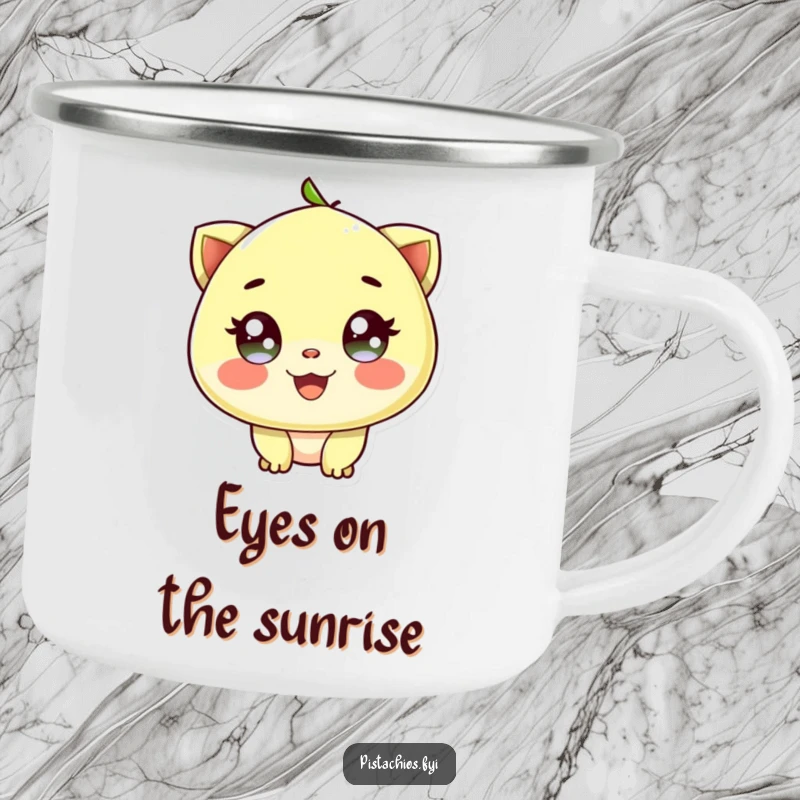 Funny camping mug with a delighted pistachio character and sparkling eyes, bringing radiant nutty humor to outdoor drinks.