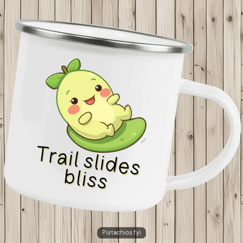 Funny Pistachio Slide Camping Mug showing a character gleefully sliding, perfect for outdoor humor and joy.