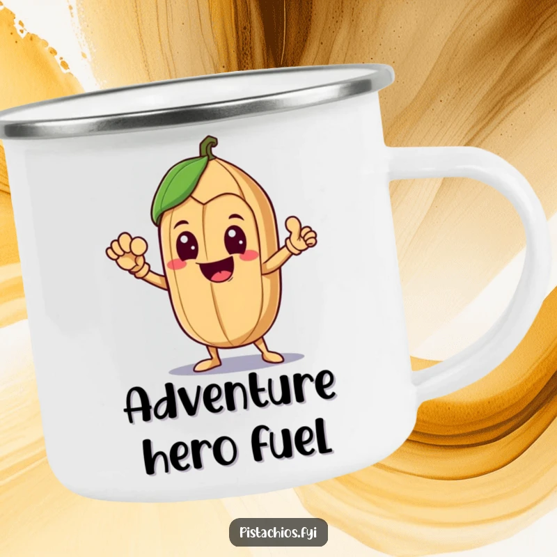Funny Camping Mug featuring a delighted Brazil nut character striking a heroic pose, perfect for outdoor adventures and morning brews.