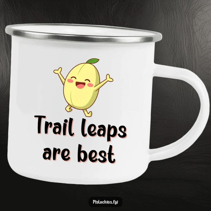 Funny camping mug featuring a happy, leaping pistachio character, perfect for outdoor adventures and nutty humor.