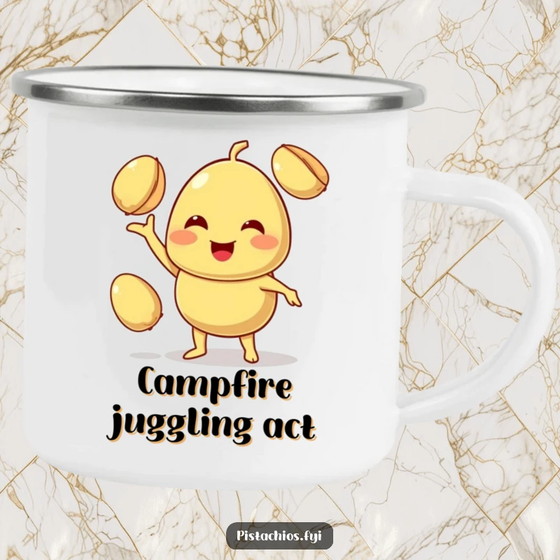 Funny camping mug shows a smiling pistachio character skillfully juggling two other pistachios, ready for outdoor fun.