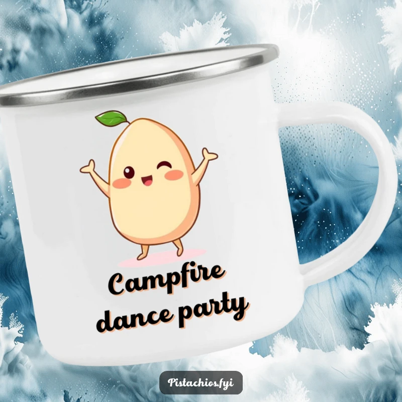 Funny Kawaii Cashew Camping Mug: A cute kawaii cashew character in a happy dance, ready for cheerful sips on any adventure.