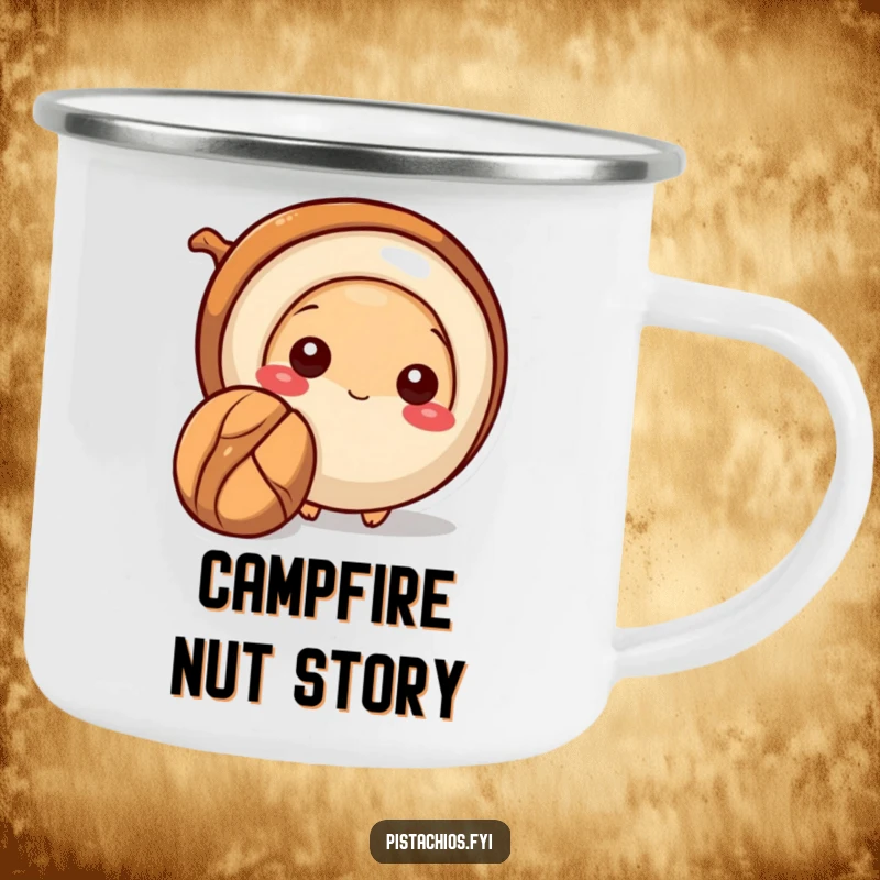 Funny Pecan Camping Mug showing a shy pecan peeking out, ideal for humorous outdoor sipping and quiet enjoyment.